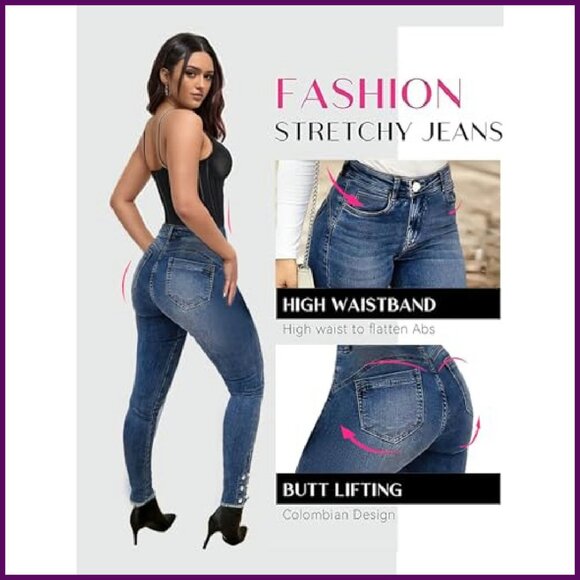 High Waist Tummy Control Skinny Boot Cut Jeans Raw Hem Stretch - Picture 4 of 8